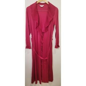 Vtg 60s Nylon Robe Red Size Small Long Peignoir Ruffle Pleated Sexy Lingerie USA